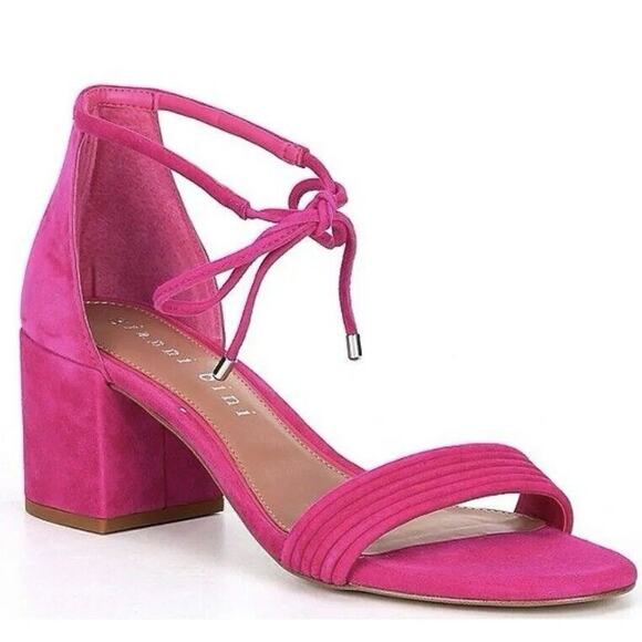 Gianni Bini Rhiaann Ankle Tie Pink Fuchsia Suede Block Heel Sandals - Picture 1 of 8